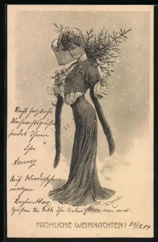 Künstler-AK Theo Zasche: Frau mit kleiner Tanne im Schnee, Weihnachtsgruss