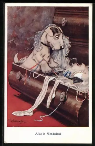 Künstler-AK George Ernest Studdy: Alice in Wonderland, Hund in einer Kleidertruhe