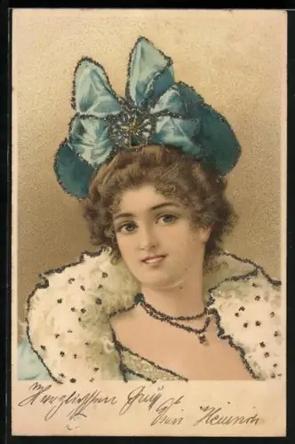 AK Hübsches Fräulein mit Hut und Halskette, Jugendstil
