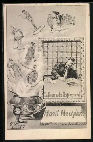 Künstler-AK R. Mangery Beamter träumt von der Zukunft Prosit Neujahr!