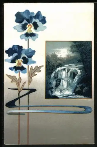 AK Zwei stilisierte blaue Blumen neben Landschaft mit Wasserfall, Jugendstil
