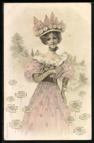 Künstler-AK Bürgerliche Frau in hübschem Kleid im Kleeblattgarten, Jugendstil