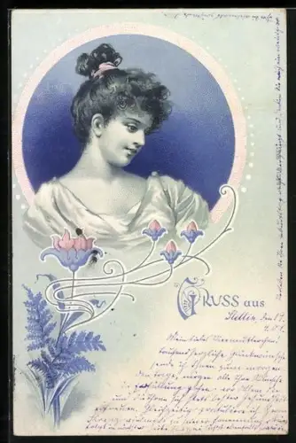 Lithographie Maid in Zierrahmen und Jugendstilornamente