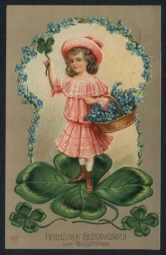 AK Vergissmeinnicht, Mädchen mit Blumenkorb, Glücksklee