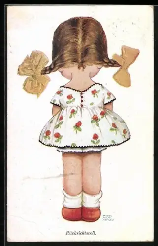 Künstler-AK Mabel Lucie Attwell: Rücksichtsvoll, Hinteransicht eines Mädchens