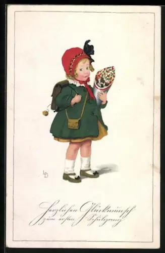 Künstler-AK Lia Döring: Kleines Mädchen mit Schultüte, Glückwunsch zum Schulanfang