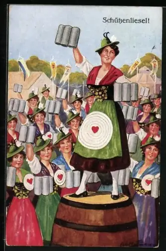 Künstler-AK Ad.Hoffmann: Schützenliesel mit Bierkrügen auf dem Schützenfest