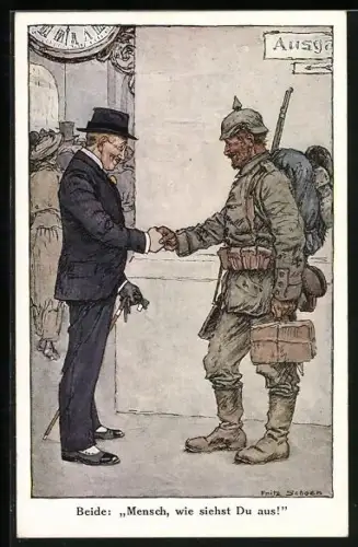 Künstler-AK sign. Fritz Schoen: Soldat und ein Mann im Anzug geben sich die Hand