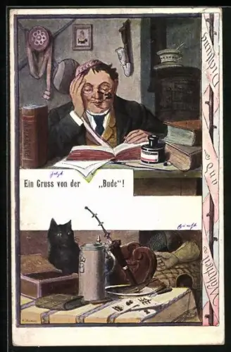 Lithographie Ein Gruss von der Bude, Student beim Lernen