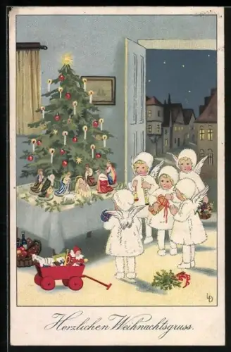 Künstler-AK Lia Döring: Weihnachtsengel vor dem Tannenbaum