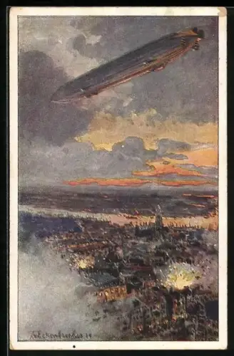 Künstler-AK Themistokles von Eckenbrecher: Antwerpen, Zeppelin über der Stadt, Deutscher Luftflotten-Verein