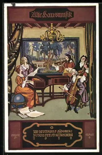 Künstler-AK Nürnberg, VIII. Deutsches Sänger-Bundesfest 1912, Alte Hausmusik mit Musikinstrumenten