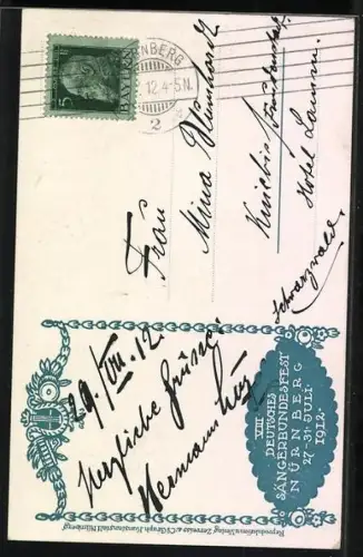 Künstler-AK Nürnberg, VIII. Deutsches Sänger-Bundesfest 1912, Alte Hausmusik mit Musikinstrumenten