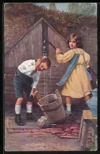 Künstler-AK Fr. Klimes: Kinderpaar am Brunnen