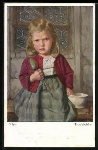 Künstler-AK Wohlgemuth & Lissner, Primus-Postkarte No. 5082, G. Igler: Trotzköpfchen mit Löffel