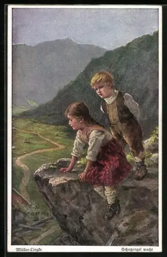 AK Schutzengel wacht, Kinder im Gebirge