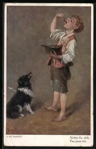 Künstler-AK sign. Ad. Hendschel: Junge mit Kirschen und Hund