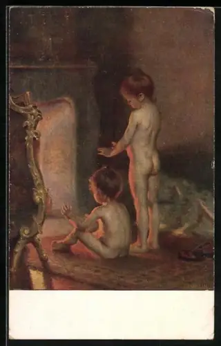 Künstler-AK Kinder wärmen sich nach dem Bade am Kamin