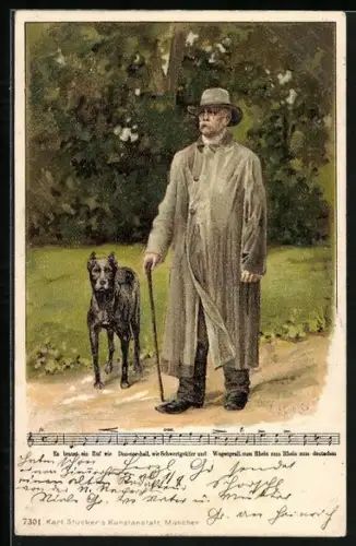 AK Fürst Otto von Bismarck im Mantel mit seinem Hund