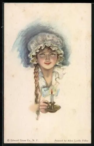 Künstler-AK Alice Luella Fidler: Mädchen mit Schlafhaube und Kerze