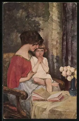 AK Mädchen sitzt auf Schoss der Mutter, Blumenstrauss