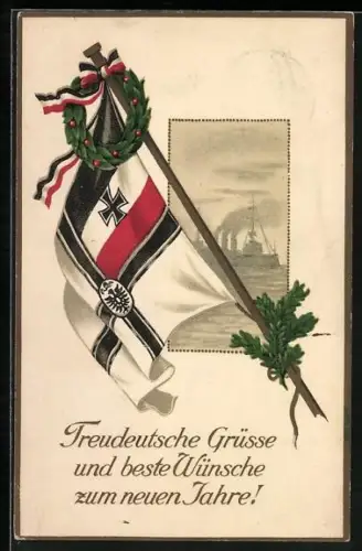 AK Reichskriegsfahne, Lorbeerkranz und Kriegsschiff