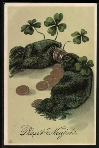 AK Geldstücke mit Schal und Kleeblättern