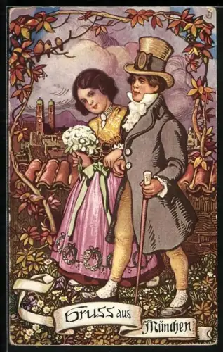 Künstler-AK München, Neujahrsgruss, Bürger des 19. Jahrhunderts in feinen Kleidern