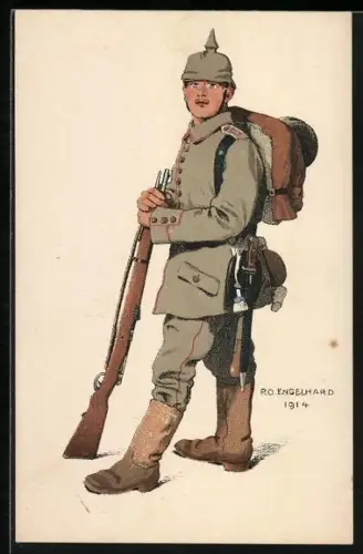 Künstler-AK P. O. Engelhard (P.O.E.): Soldat in Feldgrau mit Marschgepäck