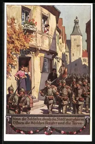 Künstler-AK P. Hey: Nr. 2, Soldaten marschieren durch die Stadt, Verein für das Deutschtum im Ausland