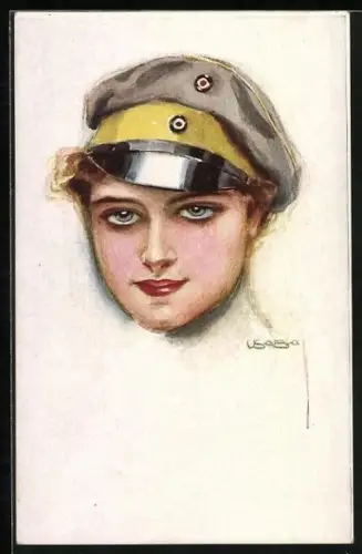 Künstler-AK Luis Usabal: hübsche Soldatin mit Schirmmütze