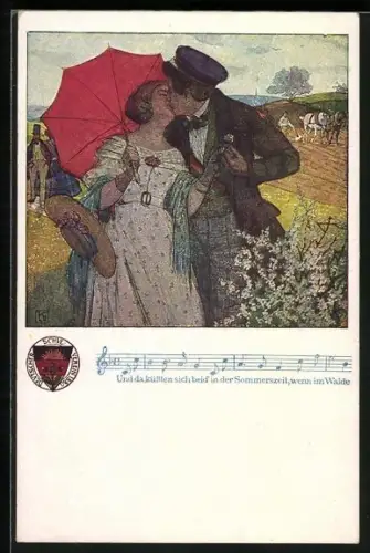 Künstler-AK Karl Friedrich Gsur, Deutscher Schulverein NR 20: Liedzeile und sich küssendes Paar auf einem Feld