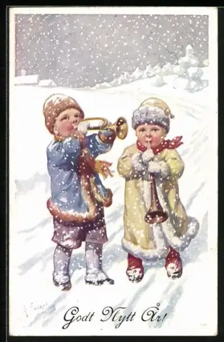 Künstler-AK Karl Feiertag: Zwei Jungen mit Instrumenten im Schnee, Neujahrsgruss
