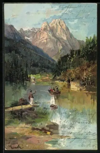 Künstler-AK Karl Heinisch: Garmisch, Risser-See gegen die Berge