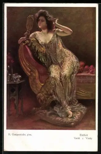 Künstler-AK sign. K. Gampenrieder: Eitelkeit, Dame im Hauch von Nichts betrachtet sich im Spiegel