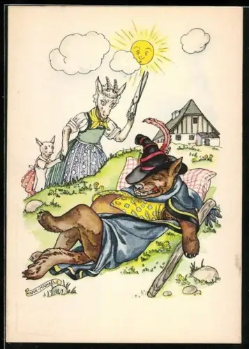 AK Märchen Der Wold und die sieben Geislein, Schlafender Wolf, wütende Geisen-Mutter mit Schere in der Hand