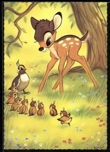 AK Rehkitz Bambi bestaunt Henne mit ihren Kücken