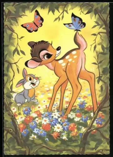 AK Bambi und Klopfer mit Schmetterlingen