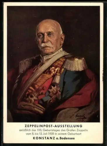 AK Konstanz, Zeppelinpost-Ausstellung, Portrait zum 100. Geburtstag