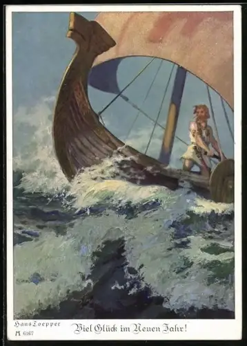 Künstler-AK sign. Hans Toepper: Wikinger auf Wikingerschiff, Neujahrsgruss