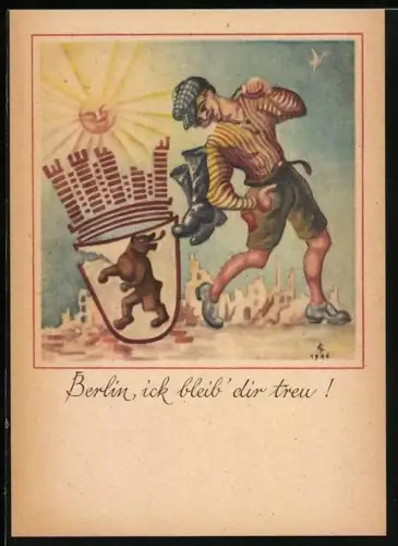 AK Berlin, Schusterjunge läuft und schaut auf den Berliner Bär
