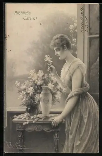 Künstler-AK Wichera, M. Munk Nr. 369: Dame vor Blumenvase am offenen Fenster