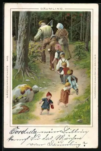 AK Märchen, Familie auf dem Waldweg, Däumling streut Körner
