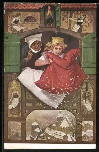 AK Marie schüttelt Bettwäsche, Frau Holle berät sie dabei, Marie schüttelt am Bäumchen und bäckt Brote