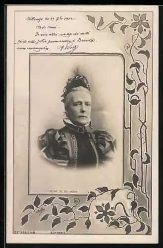 AK Königin von Belgien, Portrait, Ornament