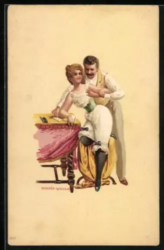 Künstler-Lithographie Richard Hegedüs-Geiger: Verehrer mit seiner Geliebten in Unterwäsche, Erotik