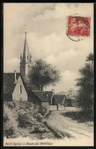 AK Saint-Igneue, Route de Plédéliac avec vue sur l`église et les maisons environnantes