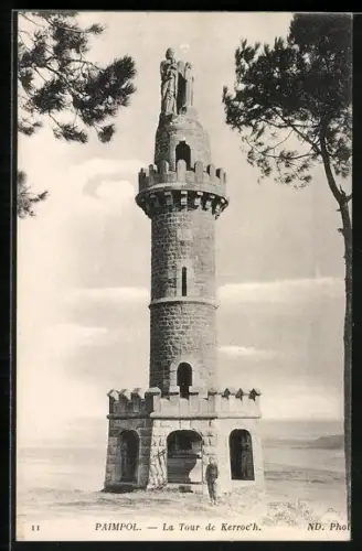 AK Paimpol, La Tour de Kerroc`h avec statue et vue sur la mer