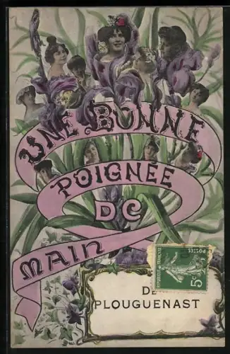 AK Plouguenast, Une bonne poignée de main avec motifs floraux et portraits féminins
