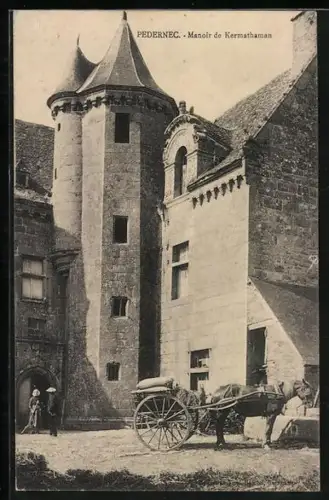 AK Pedernec, Manoir de Kernabataman avec chariot et chevaux devant l`entrée